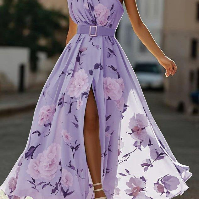 Light Green Floral Ruched One Shoulder A-Line Maxi Chiffon Dress