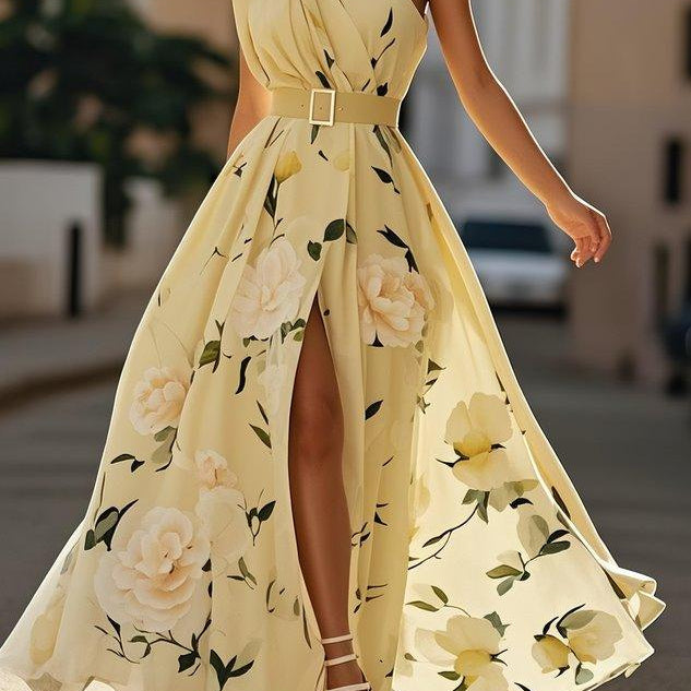 Light Green Floral Ruched One Shoulder A-Line Maxi Chiffon Dress