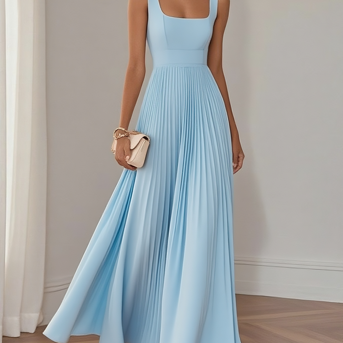 Light Blue Pleated Chiffon Square Neck A-Line Maxi Dress – LAVECHIC