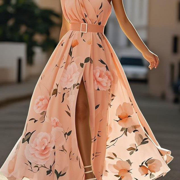 Light Green Floral Ruched One Shoulder A-Line Maxi Chiffon Dress