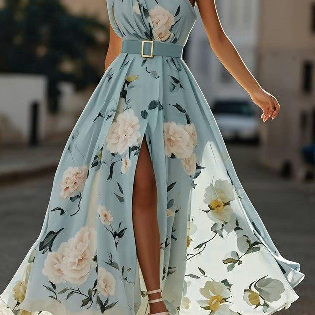 Light Green Floral Ruched One Shoulder A-Line Maxi Chiffon Dress