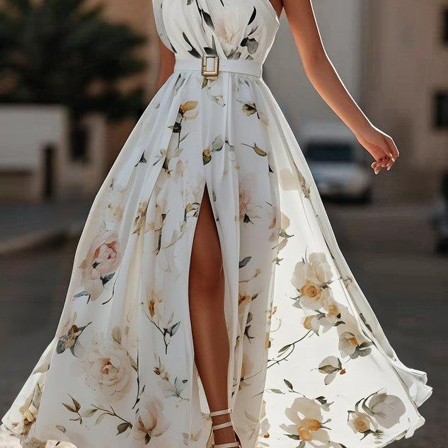 Light Green Floral Ruched One Shoulder A-Line Maxi Chiffon Dress