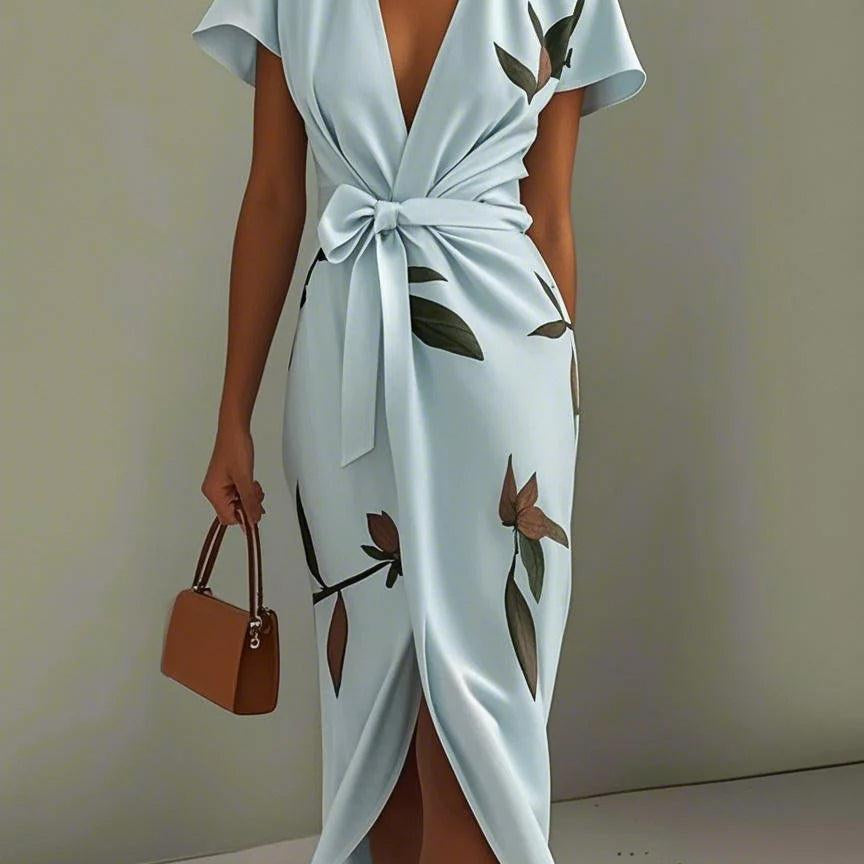 White Leaf Short Sleeve Satin Wrap Sheath Midi Dress